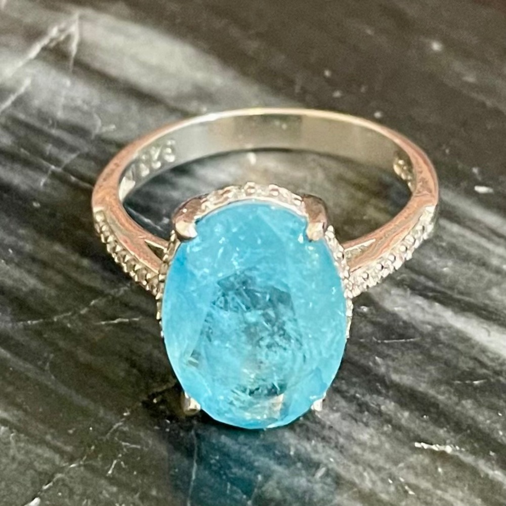 925 Sterling Silver Blue Topaz CZ Cocktail Statement Ring Candy Look NWOT